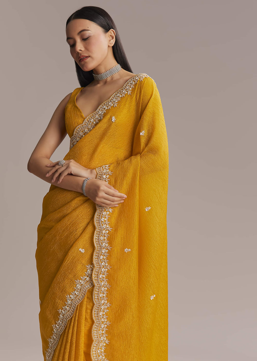 Mustard Yellow Tissue Saree With Scallop Border Embroidery