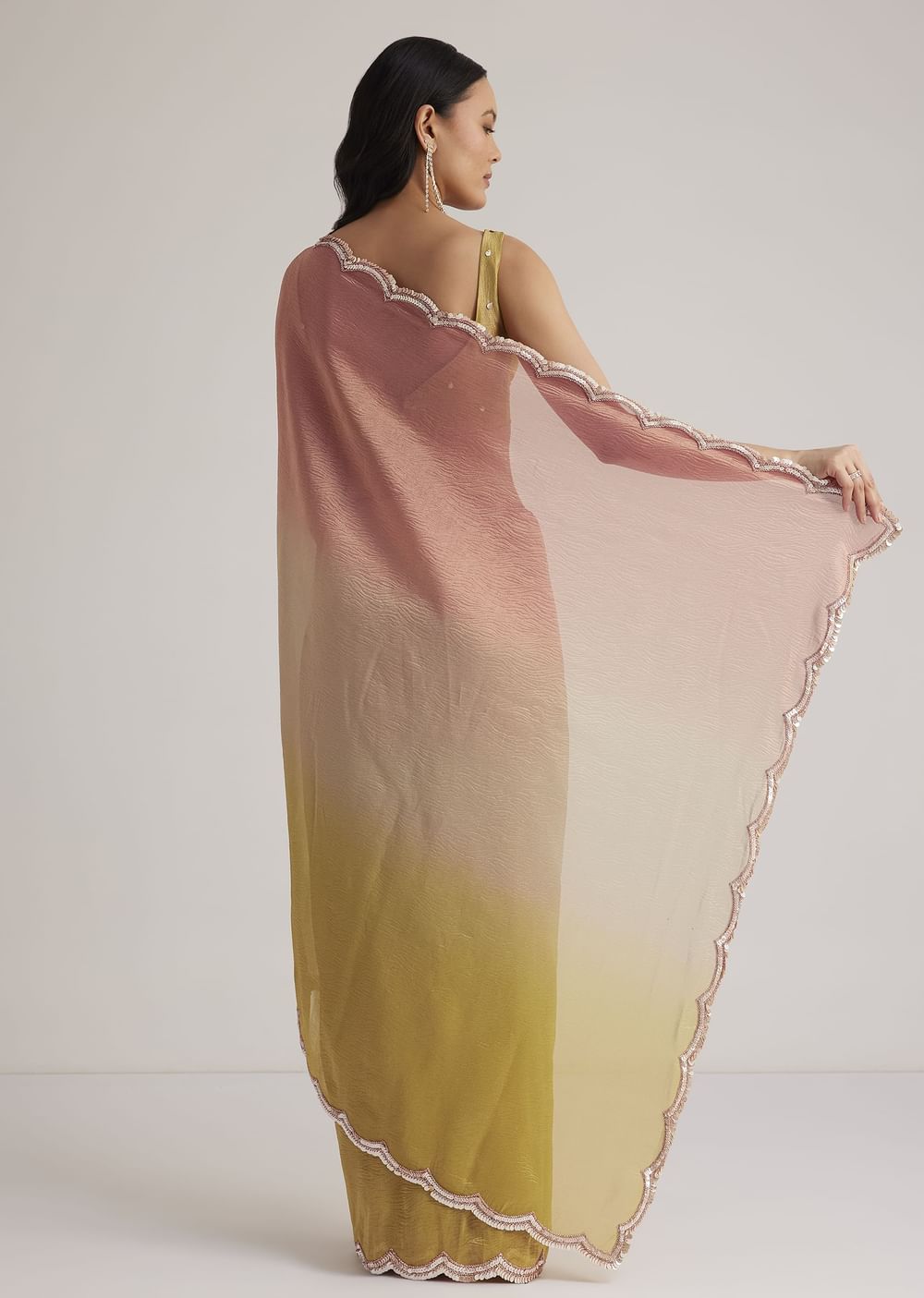 Mustard Yellow Triple Shaded Crushed Tissue Saree With Scallop Border