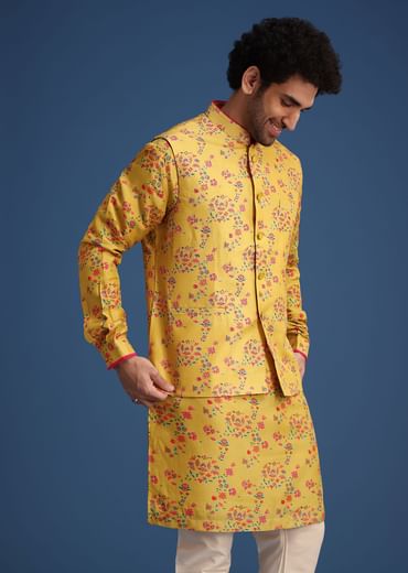 Musturd Thread Work Kurta Jacket Set