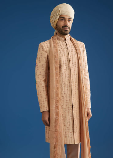 Natural Beige Tissue Sherwani Dupatta Set With Cutdana And Crystal Work