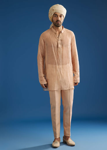 Natural Beige Tissue Sherwani Dupatta Set With Cutdana And Crystal Work