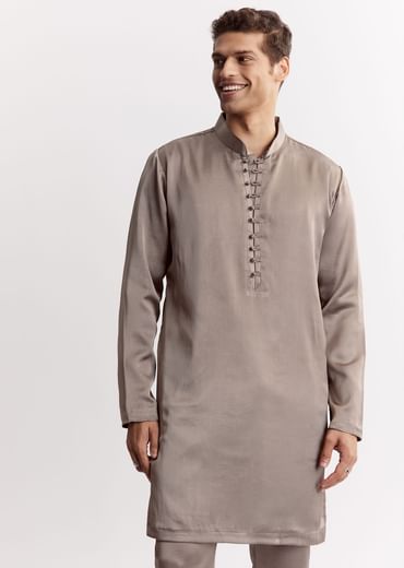 Natural Linen Kurta Jacket Set With Mandarin Collar