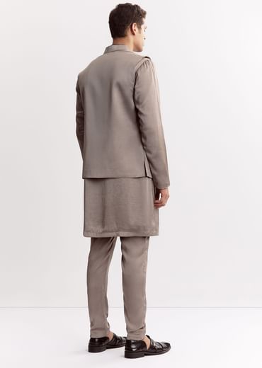 Natural Linen Kurta Jacket Set With Mandarin Collar