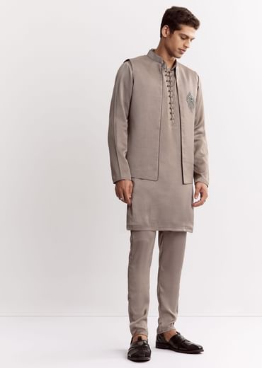 Natural Linen Kurta Jacket Set With Mandarin Collar