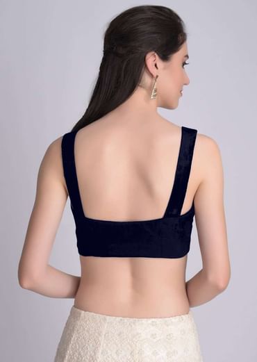 Navy blue Blouse In Velvet With Sweetheart Neckline And  Curved Hem