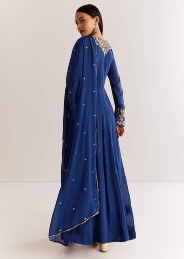 Navy Blue Chinon Anarkali Set With Cutdana Moti And Gotta Lace Dupatta