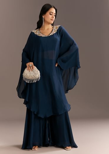 Navy Blue Chinon Cape Style Kurta With Zardosi Neckline