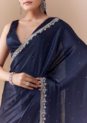 Navy Blue Chinon Embroidered Border Saree with Blouse Fabric