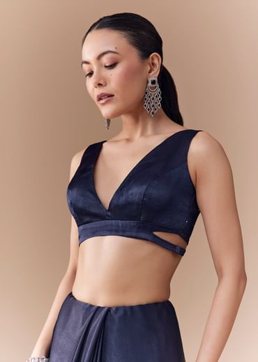 Navy Blue Chinon Embroidered Border Saree with Blouse Fabric