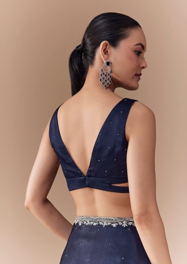 Navy Blue Chinon Embroidered Border Saree with Blouse Fabric