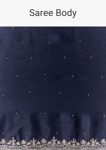 Navy Blue Chinon Embroidered Border Saree with Blouse Fabric