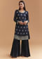 Navy Blue Chinon Sharara Suit With Heavy Cutdana Embroidery