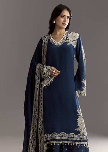 Navy Blue Crepe Moti Work Kurta With Printed Palazzo Dupatta