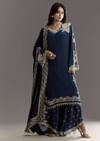 Navy Blue Crepe Moti Work Kurta With Printed Palazzo Dupatta