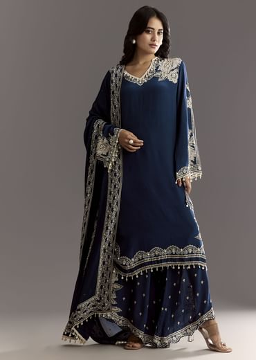Navy Blue Crepe Moti Work Kurta With Printed Palazzo Dupatta