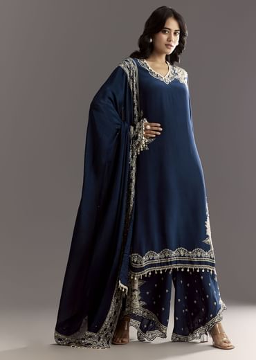 Navy Blue Crepe Moti Work Kurta With Printed Palazzo Dupatta