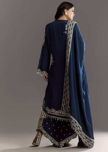 Navy Blue Crepe Moti Work Kurta With Printed Palazzo Dupatta