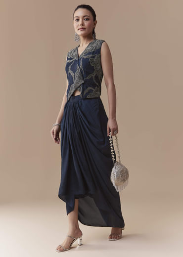 Navy Blue Crop Top and Silk Skirt Set with Cutdana Work