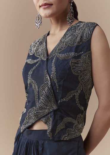 Navy Blue Crop Top and Silk Skirt Set with Cutdana Work