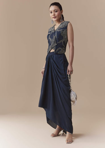 Navy Blue Crop Top and Silk Skirt Set with Cutdana Work