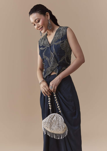 Navy Blue Crop Top and Silk Skirt Set with Cutdana Work