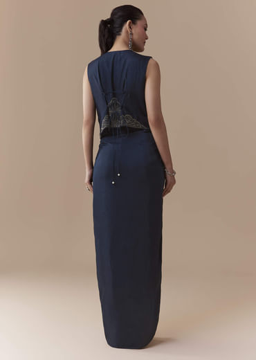 Navy Blue Crop Top and Silk Skirt Set with Cutdana Work