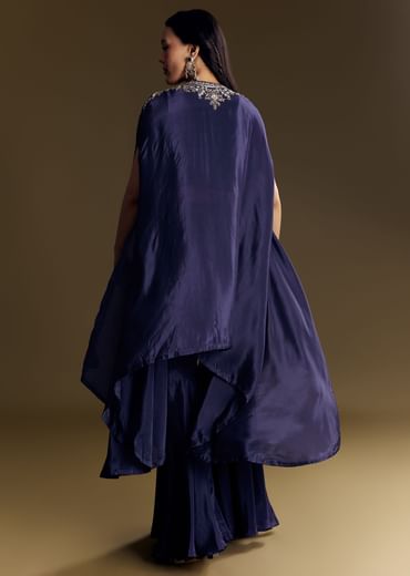 Navy Blue Crop Top Set With Silver Zardozi Cape