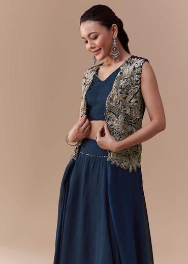 Navy Blue Crop Top Silk Skirt Set with Zari Jacket