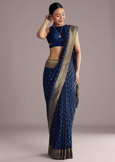 Navy Blue Dola Silk Saree With Butti Work And Zari Woven Border