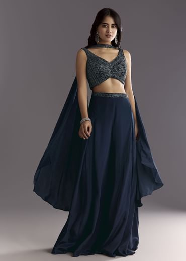 Navy Blue Embroidered Croptop Palazzo With Choker Dupatta