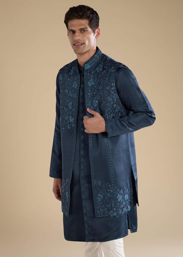 Navy Blue Embroidered Mens Jacket Kurta and Pant Set