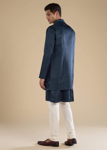 Navy Blue Embroidered Mens Jacket Kurta and Pant Set