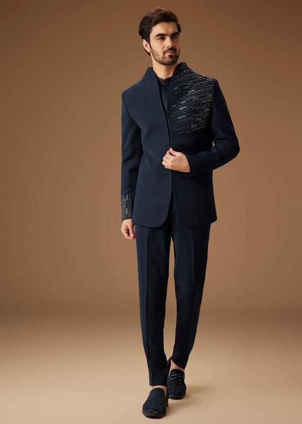 Navy Blue Embroidered Tuxedo Set