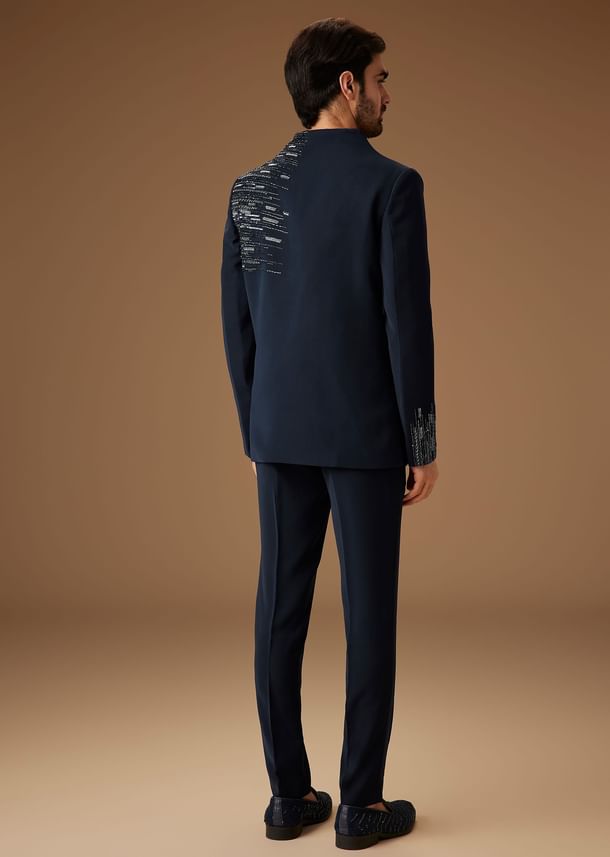 Navy Blue Embroidered Tuxedo Set