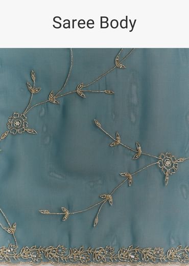 Navy Blue Floral Jaal Embroidered Tissue Saree With Cutdana And Sequins