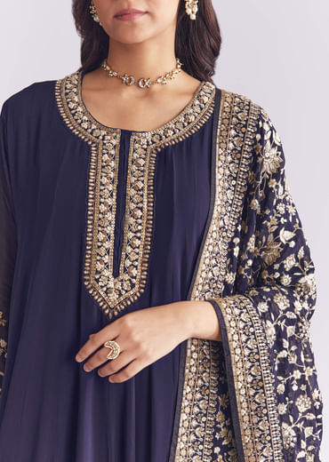 Navy Blue Georgette Anarkali Suit With Thread And Sequins Embroidery