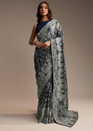 Navy Blue Georgette Saree with Heavy Floral Embroidery