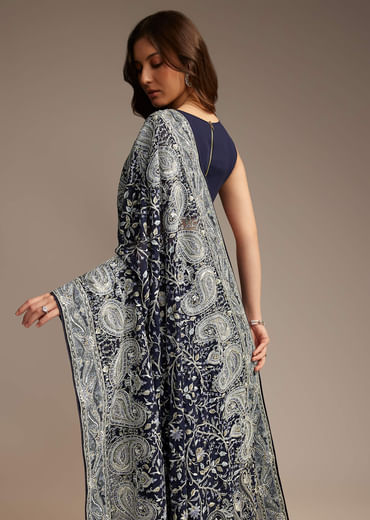 Navy Blue Georgette Saree with Heavy Floral Embroidery
