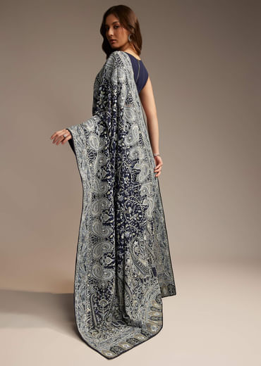 Navy Blue Georgette Saree with Heavy Floral Embroidery
