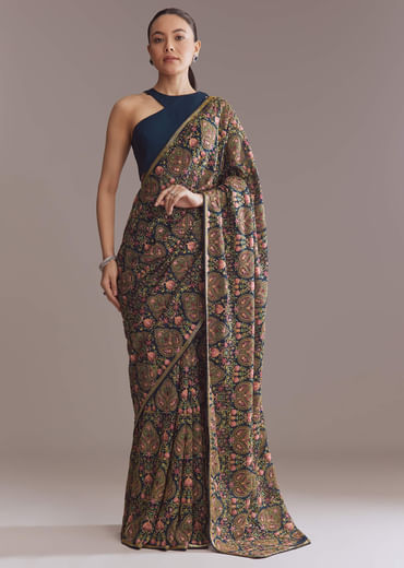 Navy Blue Georgette Saree With Kashmiri Kashida Embroidery