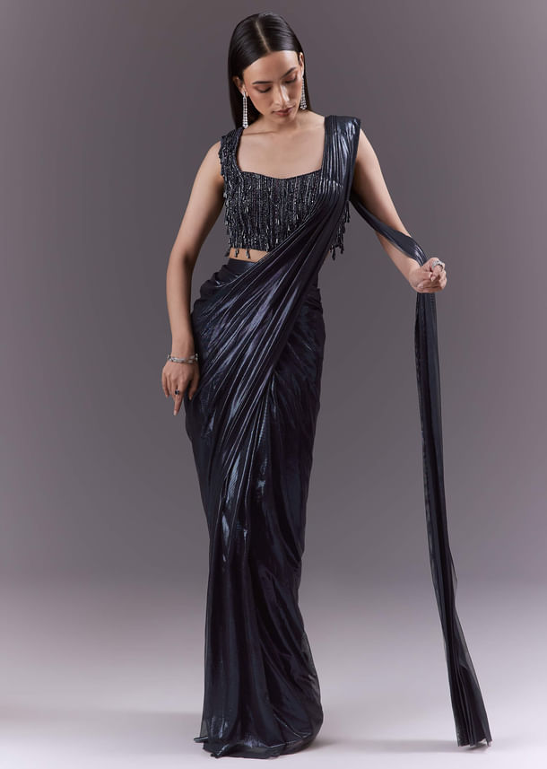 Navy Blue Imported Fabric Ready Pleated Saree With Heavy Embroidery Navy Blue Imported Fabric Ready Pleated Saree With Heavy Embroidery