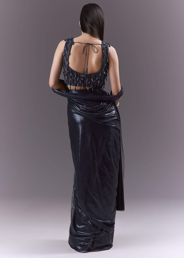 Navy Blue Imported Fabric Ready Pleated Saree With Heavy Embroidery Navy Blue Imported Fabric Ready Pleated Saree With Heavy Embroidery