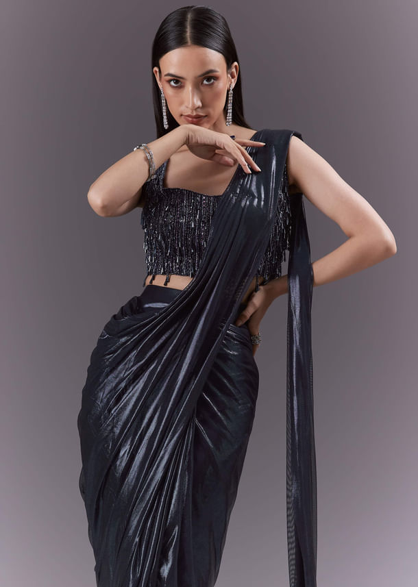 Navy Blue Imported Fabric Ready Pleated Saree With Heavy Embroidery Navy Blue Imported Fabric Ready Pleated Saree With Heavy Embroidery