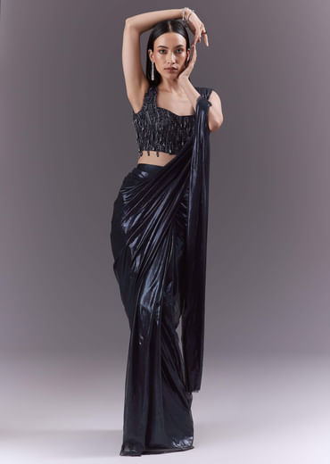 Navy Blue Imported Fabric Ready Pleated Saree With Heavy Embroidery Navy Blue Imported Fabric Ready Pleated Saree With Heavy Embroidery