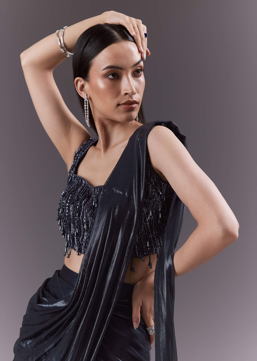 Navy Blue Imported Fabric Ready Pleated Saree With Heavy Embroidery