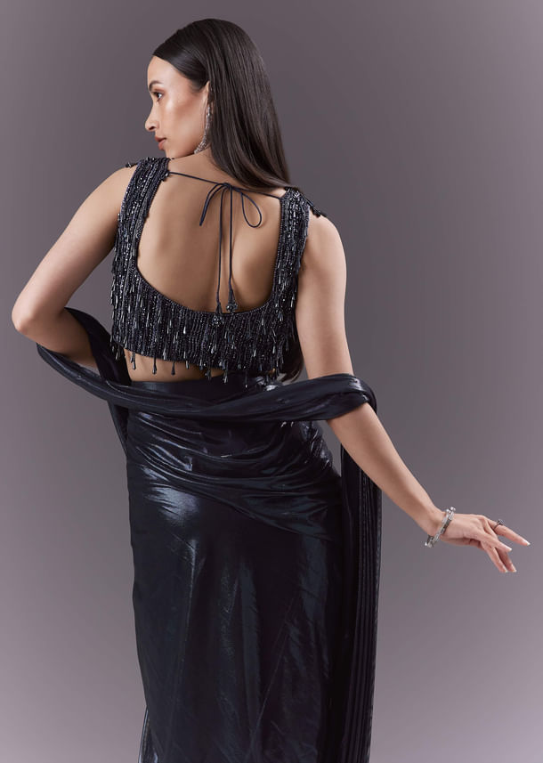 Navy Blue Imported Fabric Ready Pleated Saree With Heavy Embroidery Navy Blue Imported Fabric Ready Pleated Saree With Heavy Embroidery