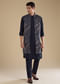 Navy Blue Jacquard Silk Jacket Kurta Set with Resham