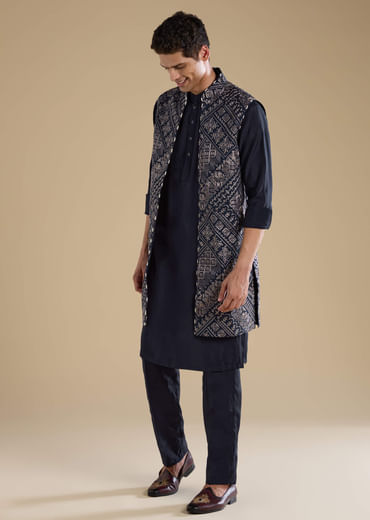Navy Blue Jacquard Silk Jacket Kurta Set with Resham