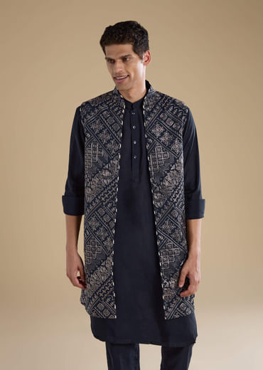 Navy Blue Jacquard Silk Jacket Kurta Set with Resham