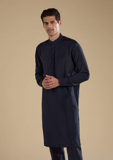 Navy Blue Jacquard Silk Jacket Kurta Set with Resham